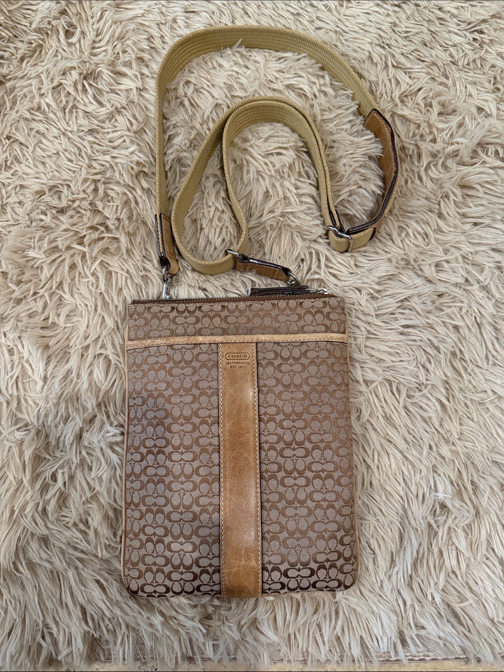 Coach Brown Signature Crossbody with Tan Leather Trim